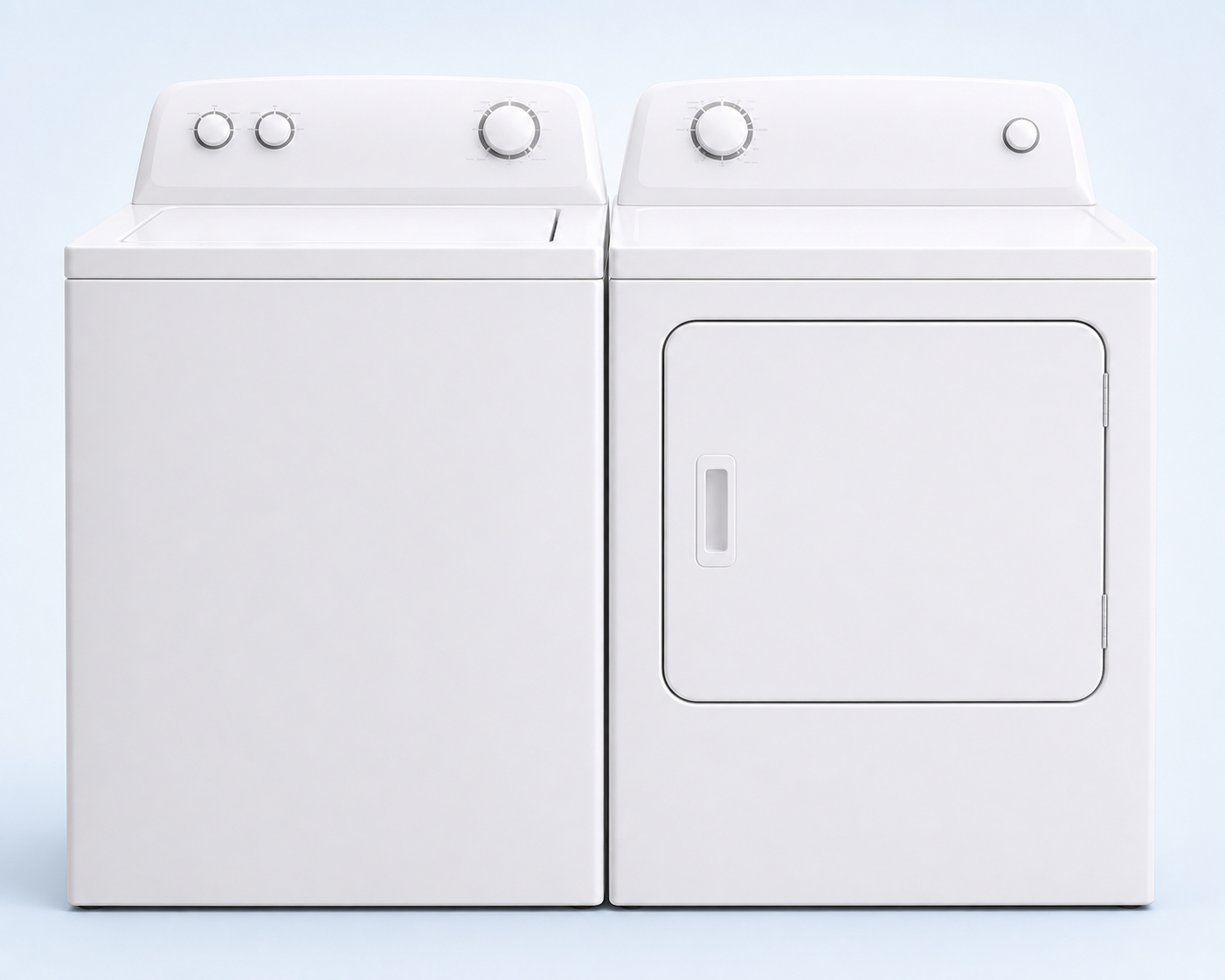 Plain white top-load washer and matching traditional front-door electric dryer